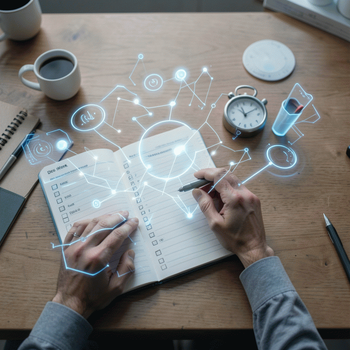 Visualisasi konsep manajemen waktu dan deep work dengan elemen digital abstrak dan fokus pada kegiatan jurnal atau penanda waktu.