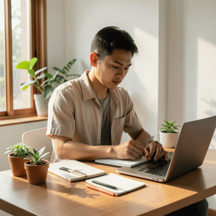 Seorang profesional muda Indonesia yang fokus dan tenang bekerja di meja kerja minimalis yang diterangi cahaya alami, melambangkan manajemen waktu dan produktivitas di era digital.