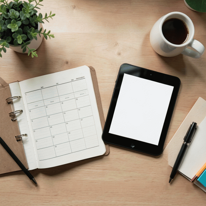 Tampilan atas meja kerja yang rapi dan terorganisir, menunjukkan jurnal perencanaan mingguan, tablet digital, dan suasana kerja yang fokus.
