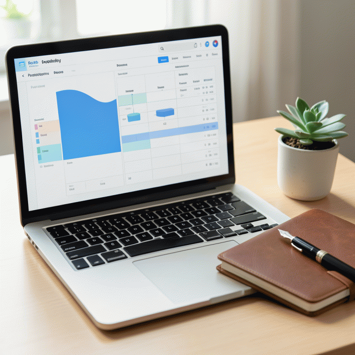 Tata letak meja kerja yang rapi dengan laptop yang menampilkan dashboard perencanaan abstrak, pulpen, dan buku catatan, melambangkan perencanaan harian yang terorganisir.