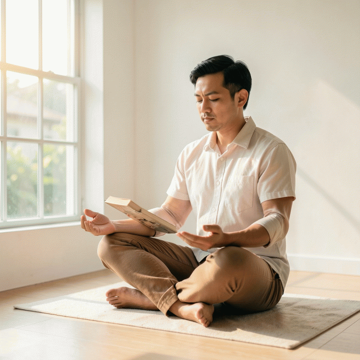 Seseorang melakukan rutinitas pagi yang tenang dan fokus (mindful routine) di ruangan minimalis, melambangkan pembentukan kebiasaan harian.