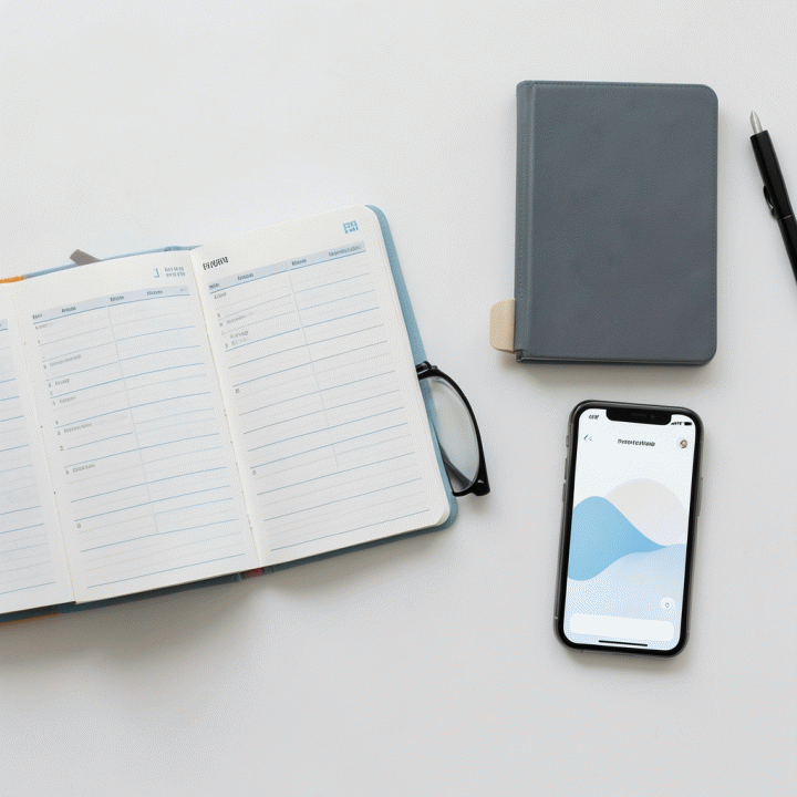 Komposisi flat lay berisi planner, checklist, dan gadget yang menunjukkan persiapan optimal sebelum memulai hari kerja.