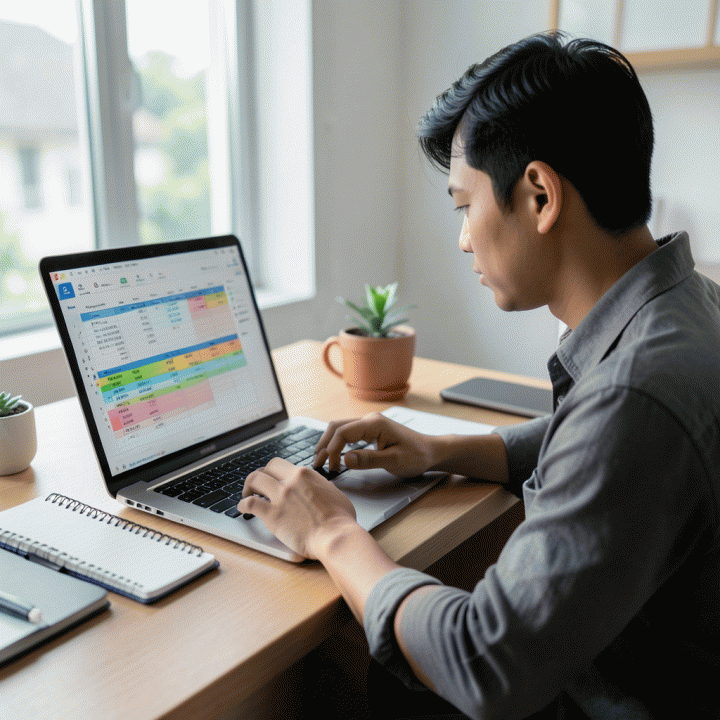 Seorang profesional muda Indonesia yang fokus bekerja di depan laptop, meninjau spreadsheet digital yang sangat terstruktur, melambangkan peningkatan produktivitas dan perencanaan detail.