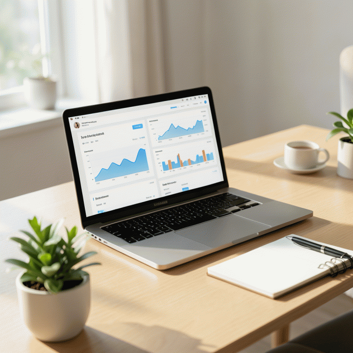 Meja kerja minimalis yang rapi dengan laptop menampilkan dashboard keuangan abstrak, dikelilingi oleh buku catatan dan tanaman, melambangkan perencanaan keuangan keluarga yang terorganisir.