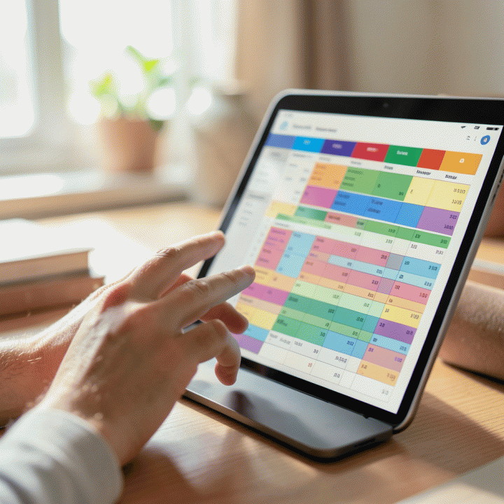 Tangan yang sedang meninjau spreadsheet anggaran keluarga di tablet, menunjukkan proses perencanaan keuangan yang terstruktur dan modern.