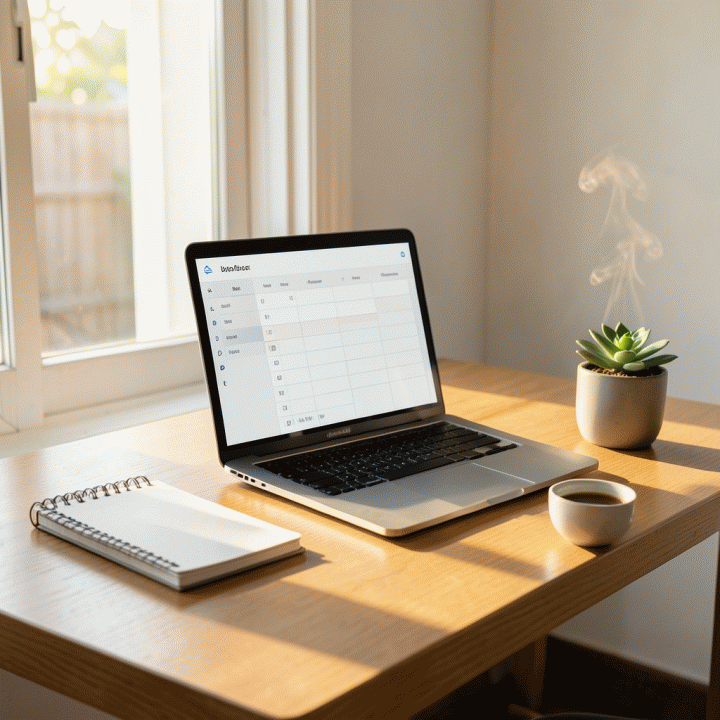 Meja kerja minimalis dan rapi dengan laptop menampilkan spreadsheet manajemen tugas, ditemani kopi dan tanaman sukulen, melambangkan produktivitas dan konsistensi.