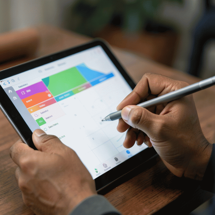 Tangan yang sedang menggunakan tablet untuk merencanakan tugas dan jadwal di aplikasi manajemen spreadsheet.