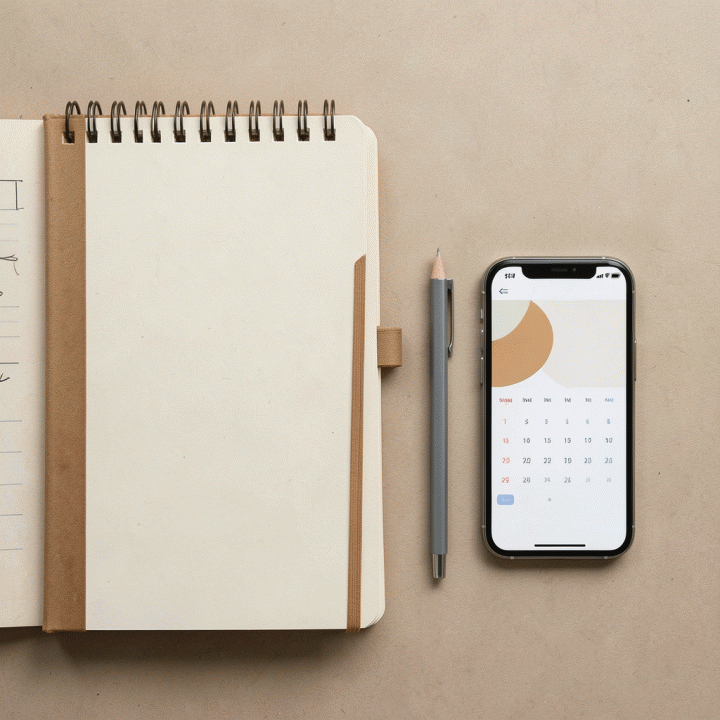 Flat lay berbagai alat produktivitas seperti planner, buku catatan, dan pensil, menunjukkan perencanaan dan konsistensi.