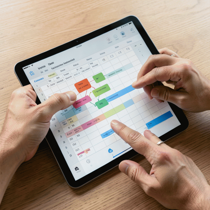 Tangan seseorang yang sedang mengorganisasi data dan rencana tugas di aplikasi spreadsheet digital pada tablet, menekankan perencanaan dan manajemen waktu.