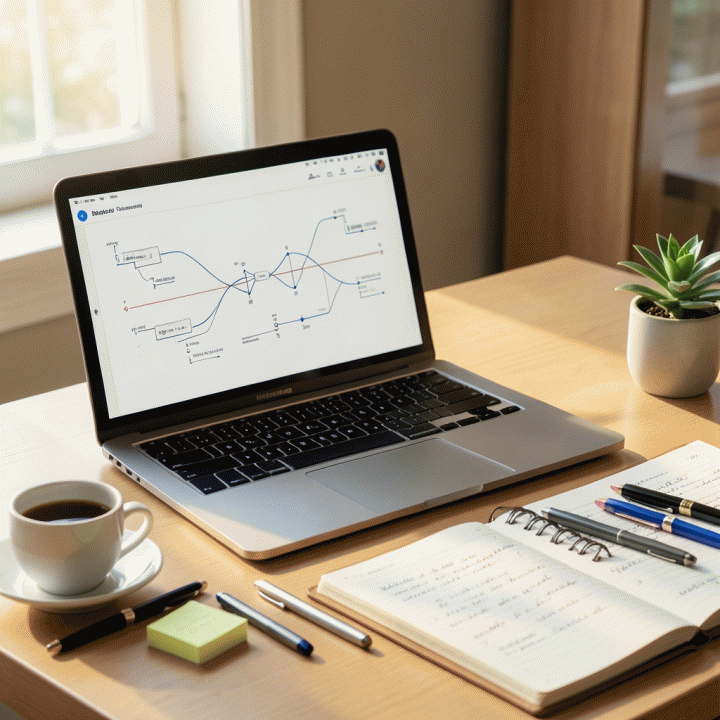 Meja kerja yang terorganisir dan estetis dengan laptop yang menampilkan diagram alir proyek, menunjukkan suasana perencanaan yang fokus dan produktif.