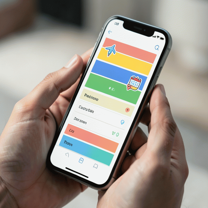Tangan menggunakan smartphone untuk merencanakan atau memetakan proyek perjalanan dalam aplikasi yang antarmuka bersih dan terstruktur.