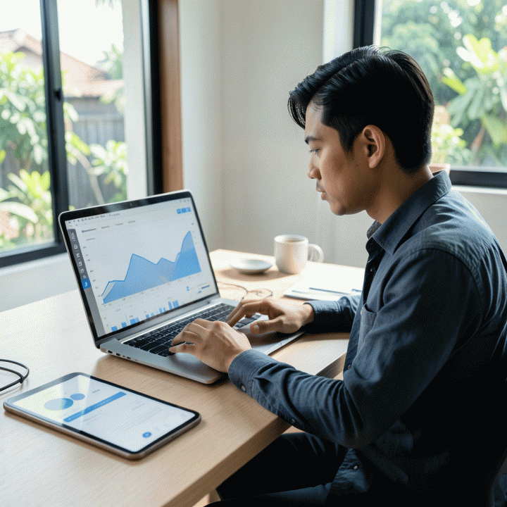 Seorang profesional muda bekerja di meja yang rapi dengan laptop dan tablet, menunjukkan suasana kerja yang efisien dan terencana.