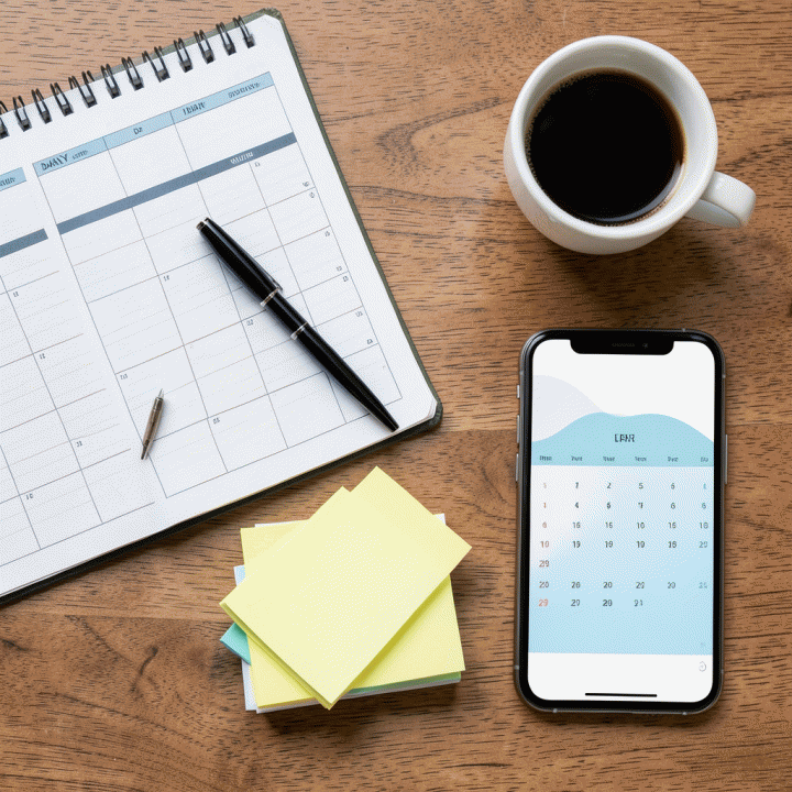 Komposisi flat lay berbagai alat produktivitas seperti planner, pena, dan smartphone, menunjukkan persiapan harian yang terstruktur.
