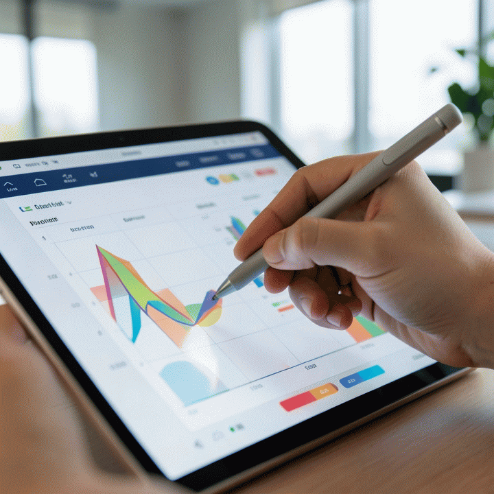 Tangan yang sedang menggunakan tablet untuk mengelola data spreadsheet yang rapi, menunjukkan proses perencanaan dan analisis.