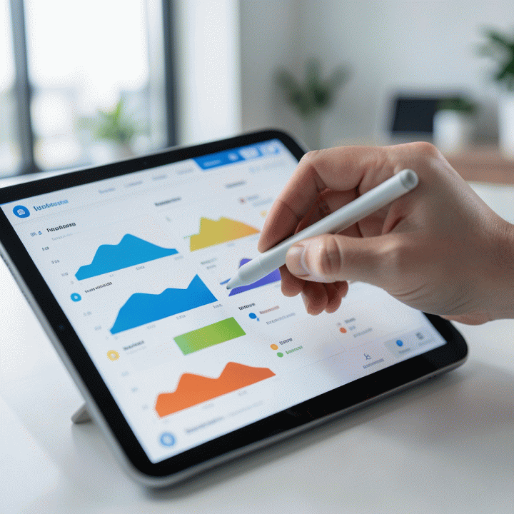Tangan yang menggunakan stylus pada tablet untuk mengelola dashboard proyek yang terorganisir dan berwarna.