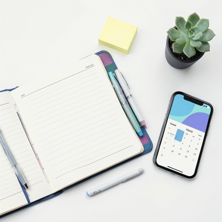 Flat lay estetika berisi alat produktivitas seperti planner, pena, dan smartphone yang menunjukkan perencanaan harian yang terorganisir.