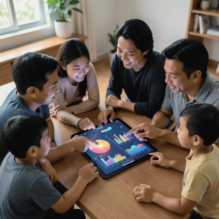 Keluarga Indonesia modern berinteraksi dengan tablet digital yang menampilkan grafik keuangan yang terorganisir, melambangkan perencanaan anggaran keluarga yang efektif.
