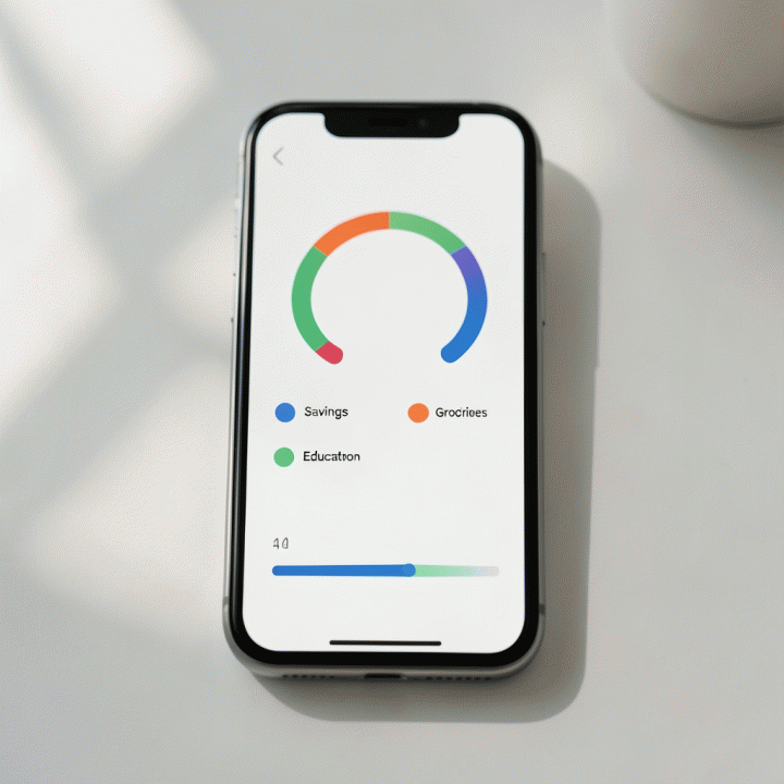 Smartphone menampilkan dashboard keuangan digital yang bersih dan intuitif, menunjukkan progres penghematan dan alokasi anggaran.