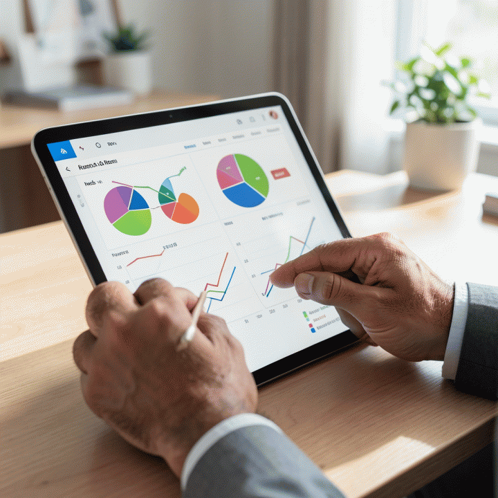 Tangan sedang berinteraksi dengan antarmuka spreadsheet digital yang menunjukkan visualisasi alur keuangan dan kategori anggaran keluarga.