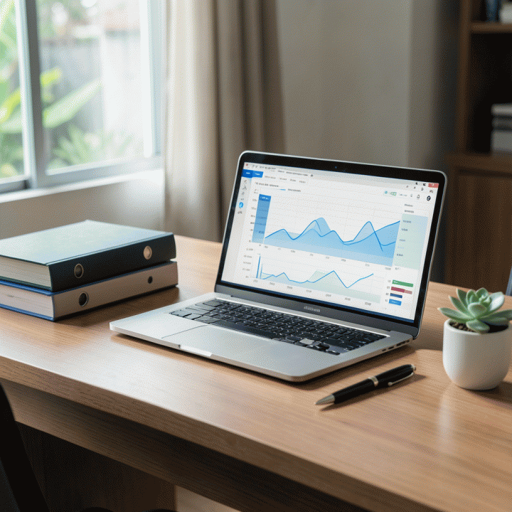 Tampilan meja kerja rumah modern dan terorganisir dengan laptop menampilkan antarmuka spreadsheet keuangan yang kompleks, serta alat bantu perencanaan fisik, melambangkan manajemen keuangan keluarga yang terstruktur.