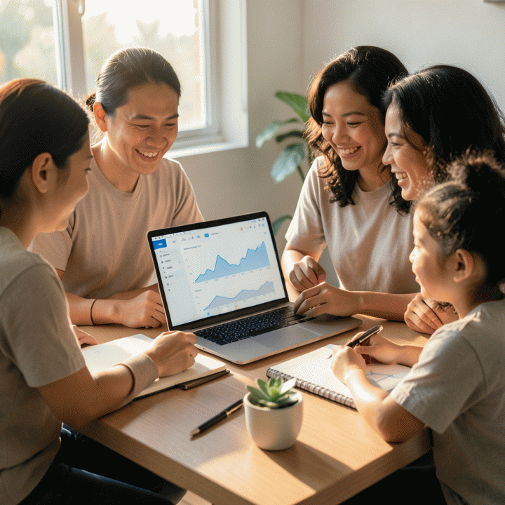 Keluarga Indonesia yang produktif berdiskusi di meja kerja modern dengan laptop dan buku catatan, melambangkan perencanaan keuangan yang terstruktur.