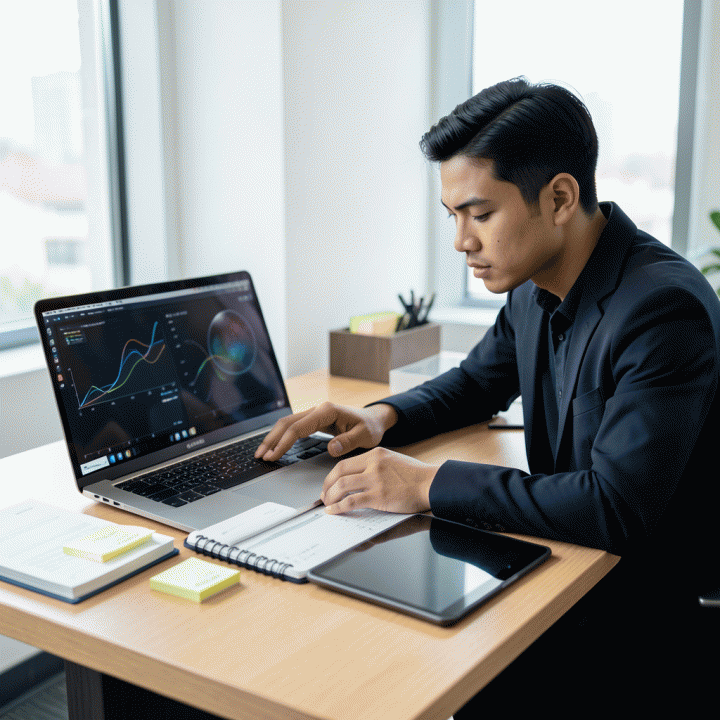 Seorang profesional muda Indonesia yang fokus bekerja di meja kerja modern, dikelilingi oleh alat bantu perencanaan dan teknologi untuk menunjukkan produktivitas tinggi dan efisiensi kerja.