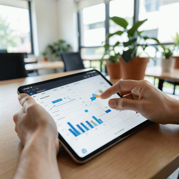 Tangan seseorang yang sedang mengoptimalkan alur kerja dan data di antarmuka spreadsheet digital canggih pada tablet.
