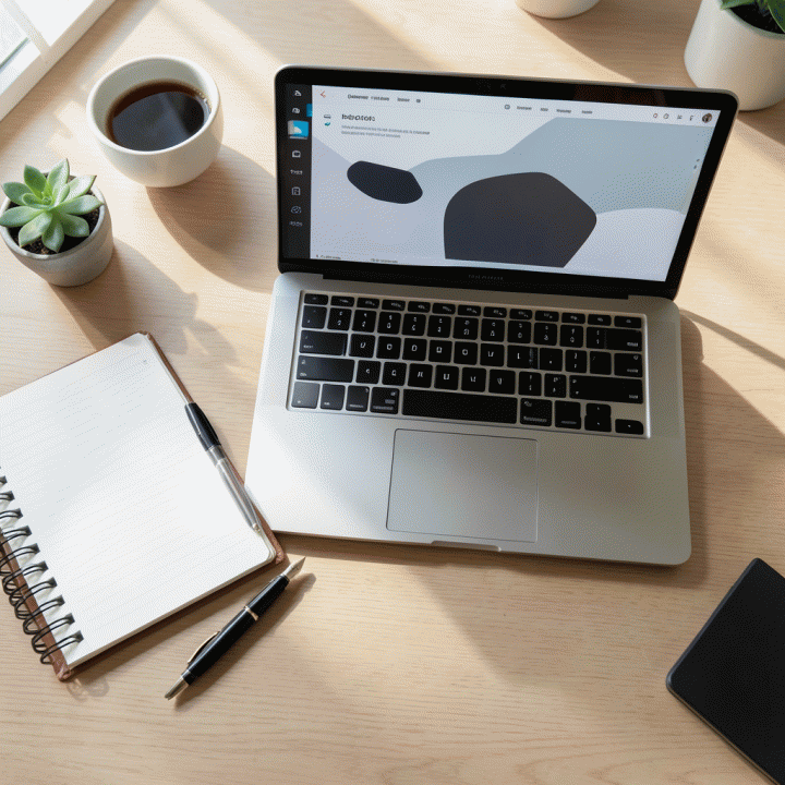 Foto flat lay meja kerja yang rapi dan terorganisir, menampilkan alat tulis, buku catatan, dan laptop dengan antarmuka manajemen tugas yang bersih, melambangkan produktivitas tinggi.