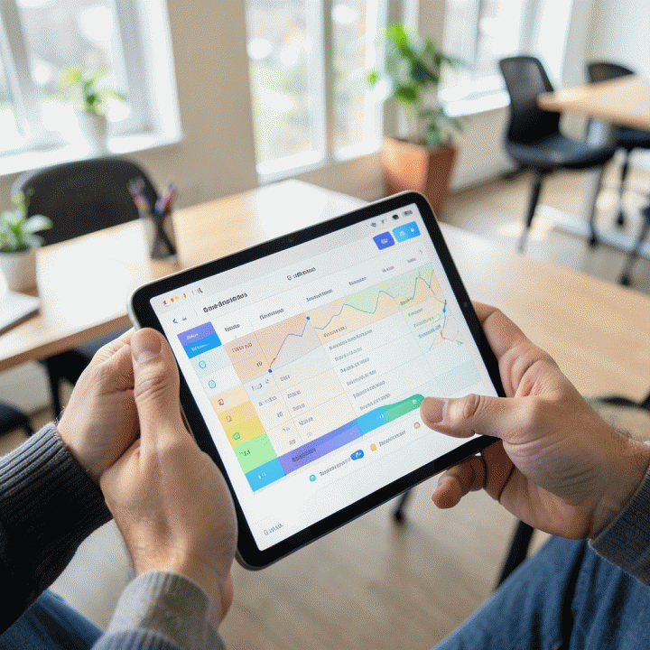 Tangan menggunakan tablet yang menampilkan antarmuka spreadsheet perencanaan perjalanan yang intuitif, menunjukkan proses manajemen waktu dan tugas yang terorganisir.