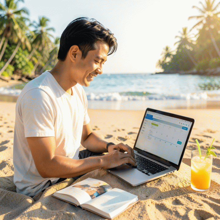 Seorang profesional Indonesia muda yang bekerja dengan bahagia menggunakan laptop di tepi pantai tropis, menunjukkan keseimbangan antara relaksasi dan produktivitas.
