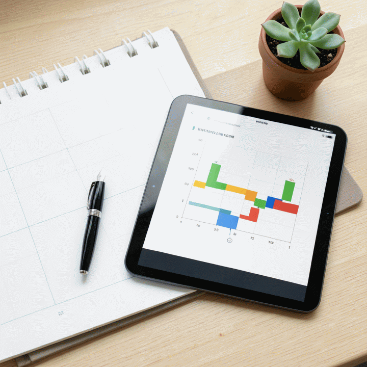 Foto datar (flat lay) alat bantu perencanaan waktu yang rapi, termasuk planner dan tablet dengan tampilan jadwal proyek yang terorganisir.
