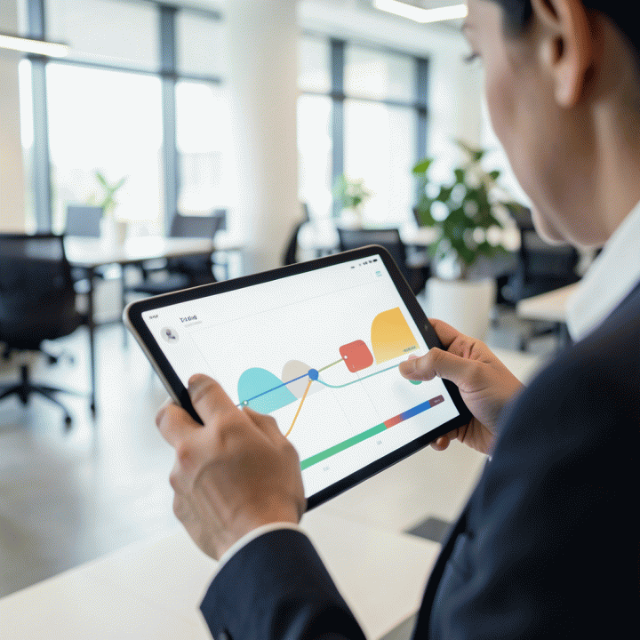 Seseorang menggunakan tablet untuk mengelola dan melacak proyek di antarmuka aplikasi produktivitas yang abstrak dan modern.