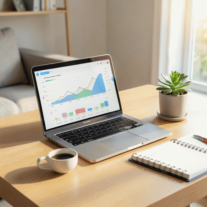 Meja kerja minimalis yang modern dengan laptop menampilkan antarmuka spreadsheet keuangan yang rapi, dikelilingi oleh perlengkapan produktivitas seperti planner dan tanaman hijau, melambangkan manajemen keuangan keluarga yang terorganisir.