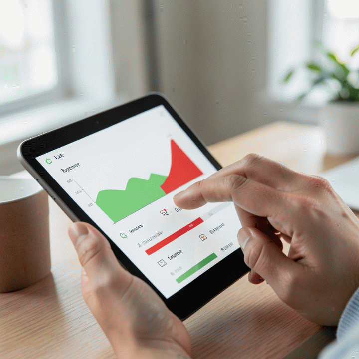 Tangan yang sedang berinteraksi dengan tablet yang menampilkan dashboard keuangan abstrak dan bersih, menunjukkan kemudahan dalam melacak anggaran keluarga.
