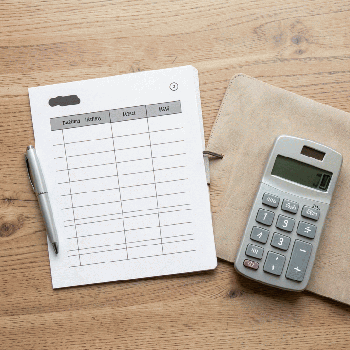 Tampilan datar (flat lay) dari berbagai alat perencanaan keuangan, termasuk buku catatan anggaran yang terstruktur, pena, dan planner, menunjukkan perencanaan keuangan yang terorganisir.