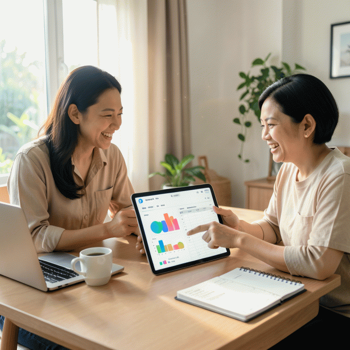 Keluarga Indonesia yang bahagia dan produktif sedang merencanakan keuangan mereka di meja yang terang, menggunakan tablet dengan tampilan data anggaran yang rapi dan abstrak.
