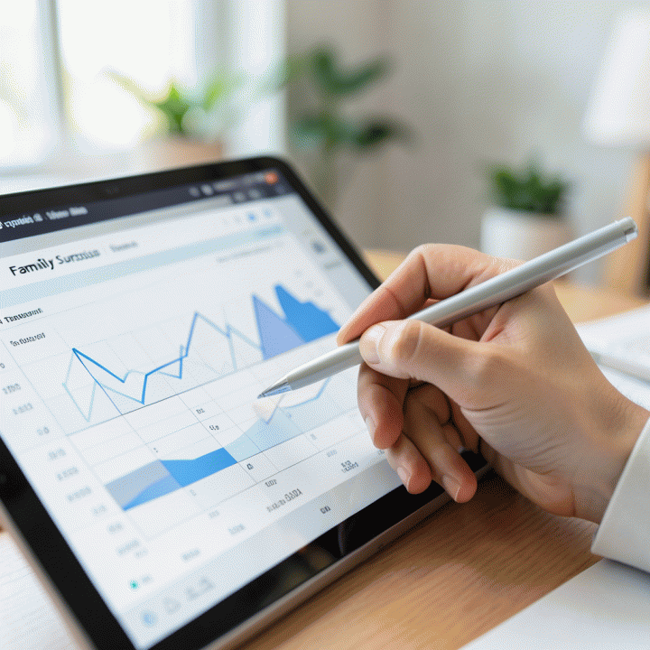 Tangan yang sedang mengisi data keuangan ke dalam template spreadsheet digital yang rapi dan terstruktur, menunjukkan kemudahan manajemen uang.