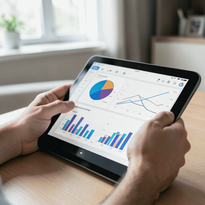 Tangan yang sedang menganalisis grafik keuangan keluarga di tablet, menunjukkan perencanaan anggaran yang terstruktur.