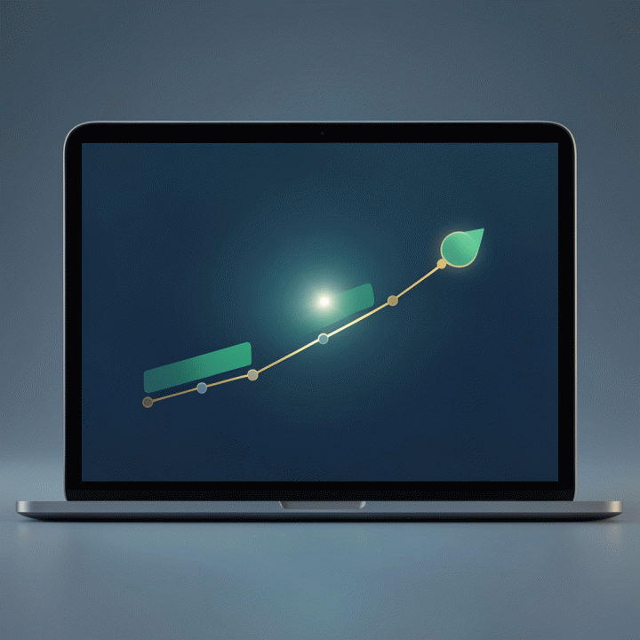 Visualisasi abstrak dashboard keuangan yang menunjukkan kemajuan bertahap dan menuju tujuan finansial yang jelas.