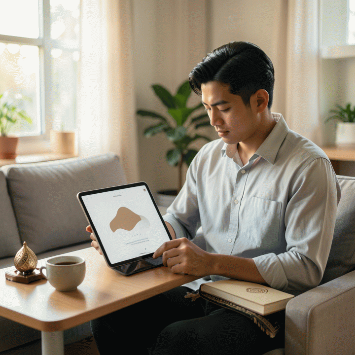 Seorang profesional muda Indonesia yang sedang meninjau pelacak kebiasaan digital di sudut ruangan yang nyaman, melambangkan penyeimbangan antara kesibukan modern dan konsistensi ibadah.