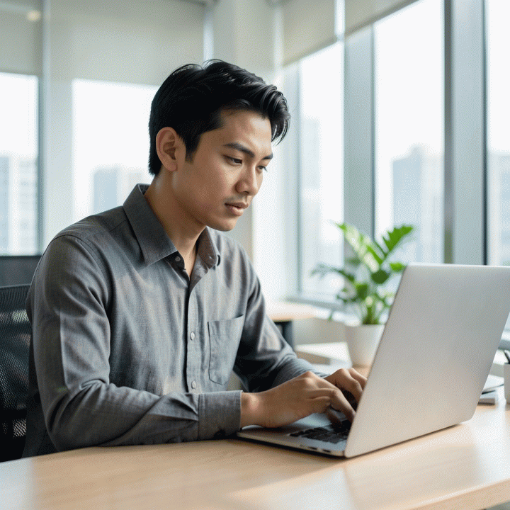 Seorang profesional muda Indonesia yang terlihat fokus dan bersemangat bekerja di kantor modern, menunjukkan produktivitas dan pemulihan energi.