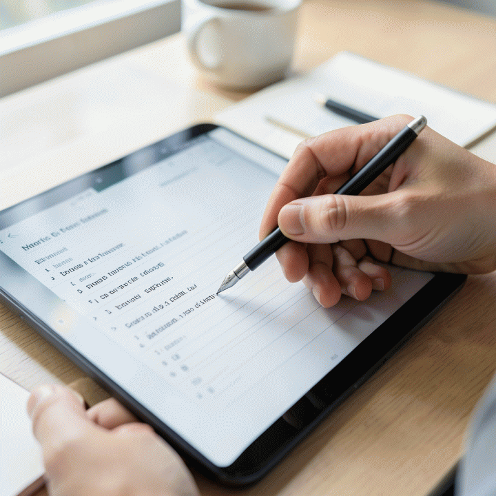 Tangan seseorang yang sedang mencatat atau melacak kemajuan keuangan secara terstruktur di buku catatan atau tablet.