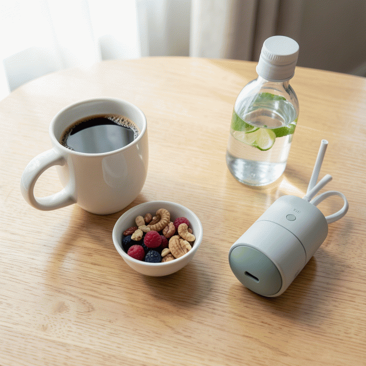 Susunan flat lay sarana penyegar energi di meja kerja, termasuk kopi, air infus, dan camilan sehat.