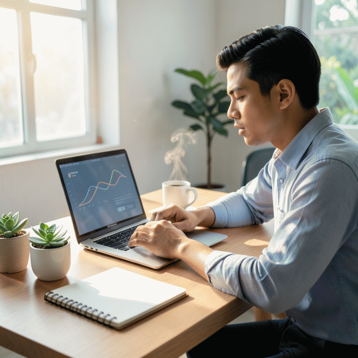 Seorang profesional muda Indonesia yang tampak termotivasi dan fokus, bekerja di meja kerja modern dengan pencahayaan pagi hari yang lembut, melambangkan awal yang baru dan peningkatan produktivitas.