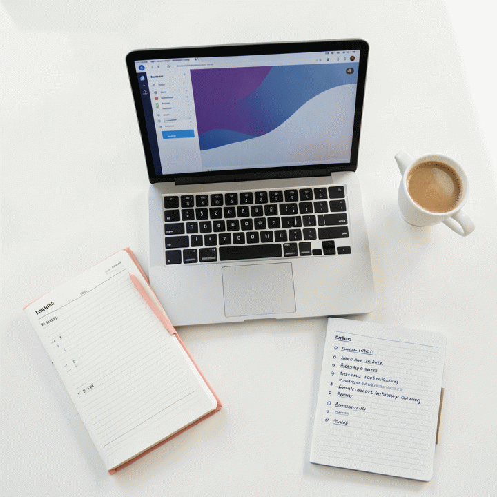 Tampilan atas (flat lay) meja kerja yang rapi dan terorganisir, menunjukkan alat-alat perencanaan dan teknologi yang mendukung produktivitas.