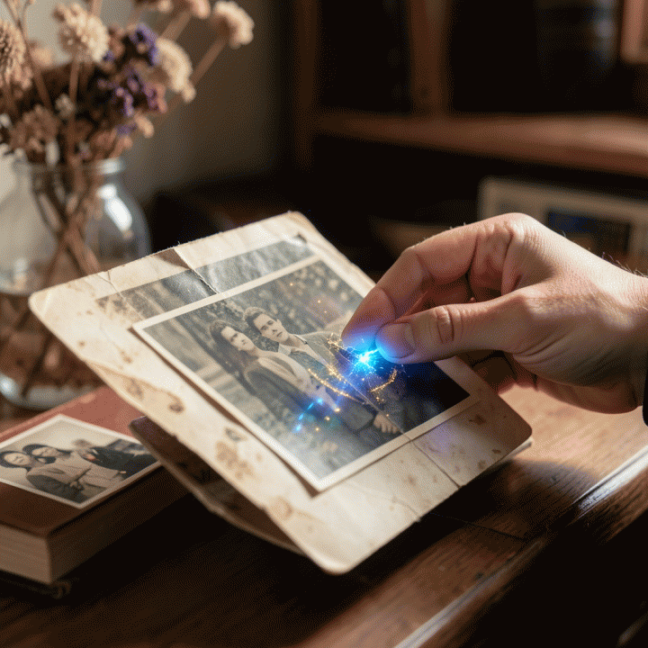 Tangan menyentuh foto keluarga lama yang usang, dengan efek cahaya digital yang menandakan proses perbaikan resolusi oleh AI.