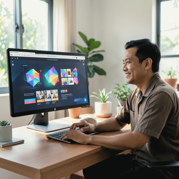 Seorang pemilik UMKM yang tersenyum lega saat menyaksikan berbagai variasi konten iklan digital berkualitas tinggi dihasilkan secara otomatis melalui antarmuka AI di laptopnya.