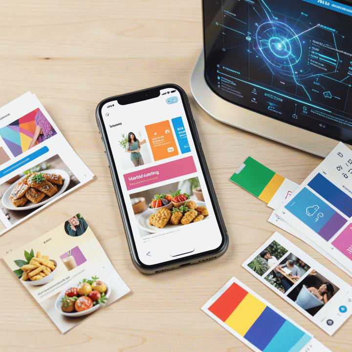 Flat lay yang menunjukkan elemen-elemen visual pemasaran digital dan alat bantu AI untuk membuat variasi konten iklan dalam jumlah besar.