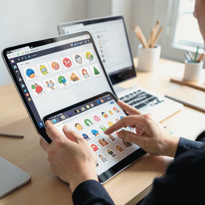 Tangan seorang desainer sedang menggunakan aset stiker digital premium pada tablet untuk meningkatkan daya tarik visual desain grafis.