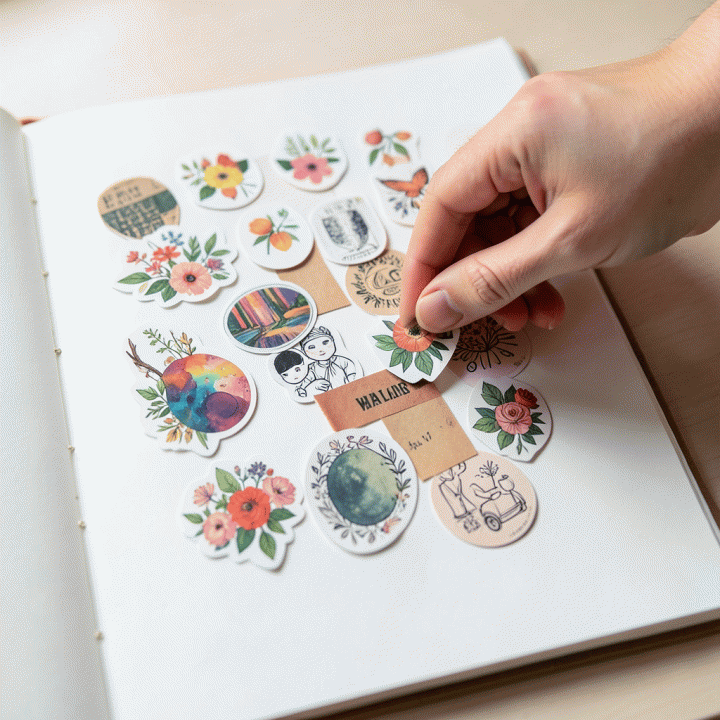 Tangan sedang menempelkan stiker digital premium ke jurnal atau mockup desain, menunjukkan proses dekorasi konten yang menarik.